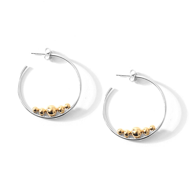 Gorgeous Rhodium Plated  Sterling Silver with 18Kt Gold Plated Sparkling Balls Statement Hoops