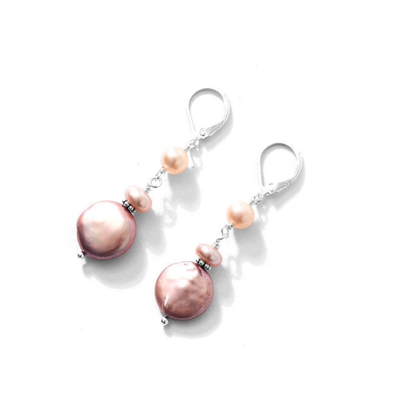 Lovely Satin Pink Fresh Water Coin Pearl Sterling Silver Earrings