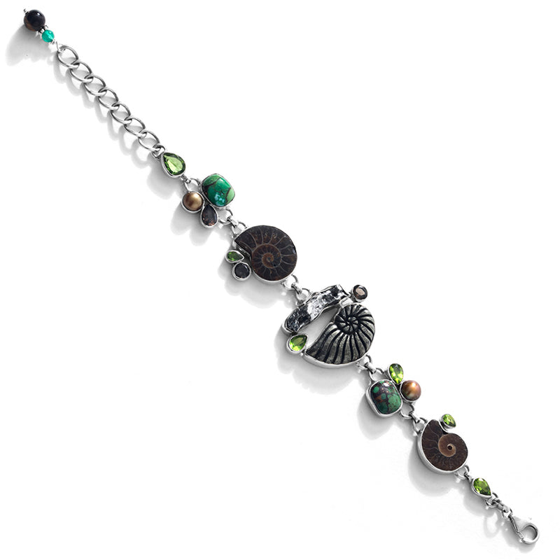 Exotic Carved Pyrite-Ammonite and Green Turquoise Sterling Silver Statement Bracelet