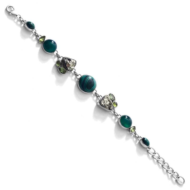 Beautiful Green Malachite & Sparkling Pyrite Sterling Silver Statement Bracelet
