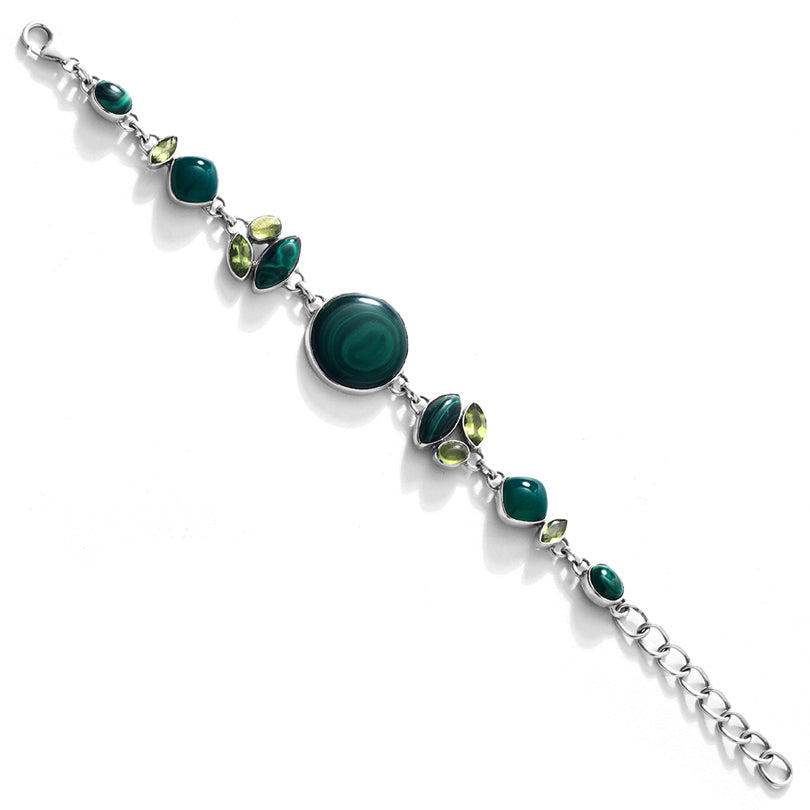 Striking Green Malachite & other Green Gems Sterling Silver Statement Bracelet