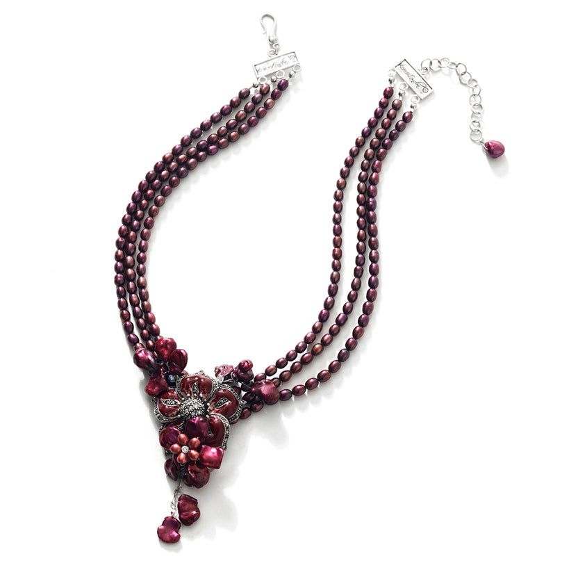 Sensational Burgundy Red Fresh Water Pearl Sterling Silver Flower Statement Necklace