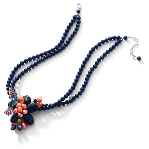 So Cute and Colorful Lapis Hummingbird Sterling Silver Flower Statement Necklace