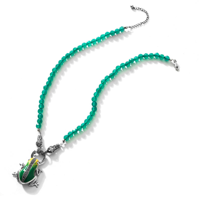 Vibrant Frog on Emerald-Green Agate Beads Sterling Silver Statement Necklace