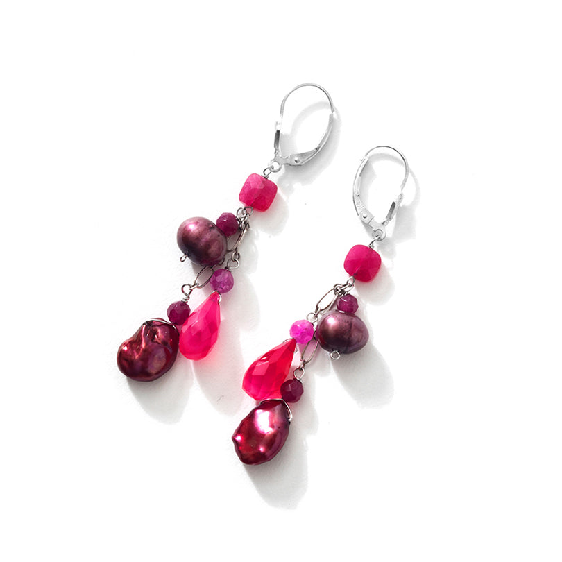 Vibrant Ruby-Agate & Fresh Water Pearl Sterling Silver Earrings