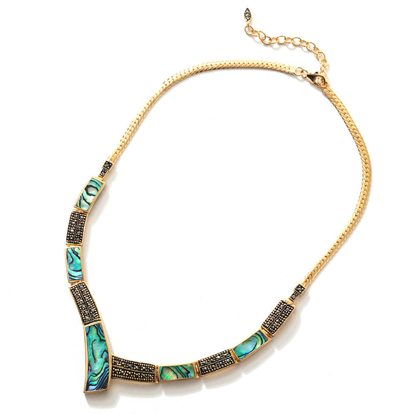 Vibrant Abalone 14kt Gold Plated Marcasite Statement Art Deco Style Necklace