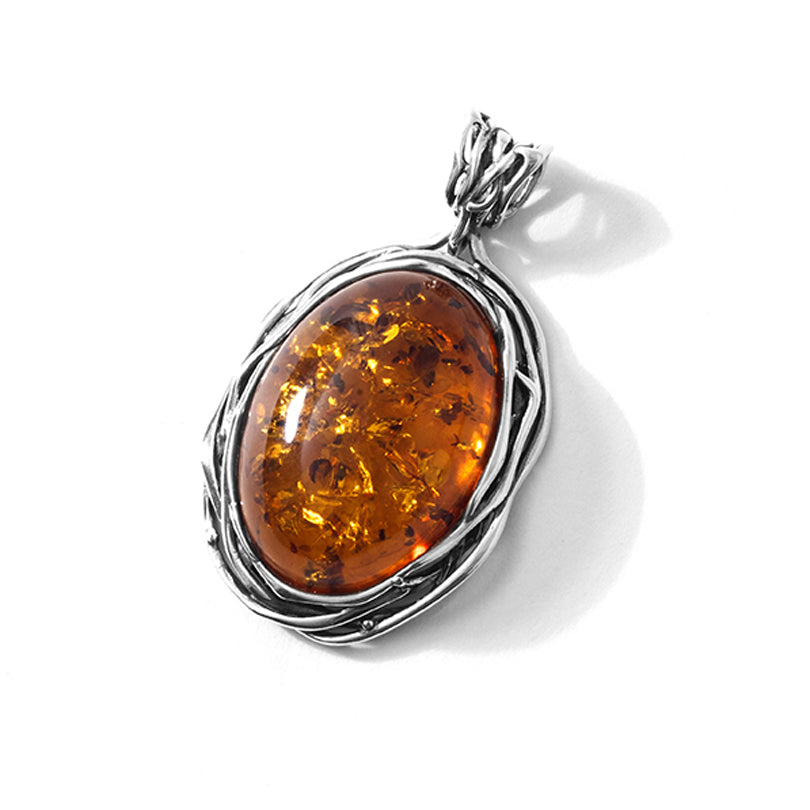 Stunning Woven Silver Cognac Baltic Amber Sterling Silver Statement Pendant