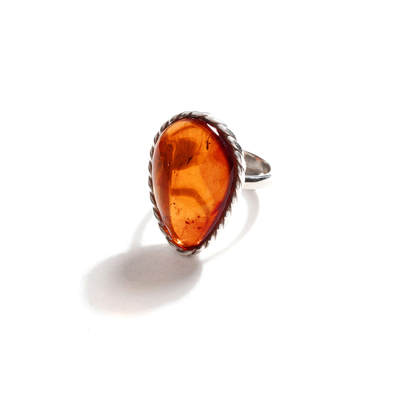 Clear Silver Ribbed Cognac Amber Sterling Silver Ring