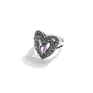 Lovely Lavender Amethyst Marcasite Heart Sterling Silver Ring