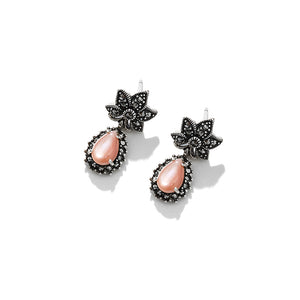 Exquisite Mother of Pearl Marcasite Flower Sterling Silver Statement Earrings
