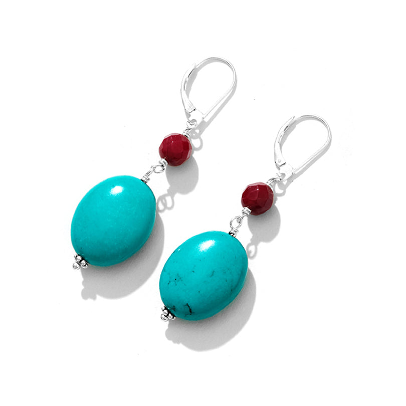 Stunning Blue Turquoise and Coral Sterling Silver Statement Earrings