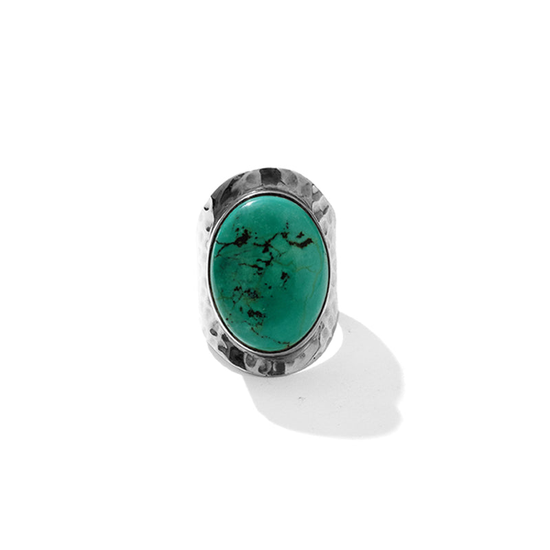 Natural Sea Foam Green Turquoise Hammered Band Sterling Silver Statement Ring