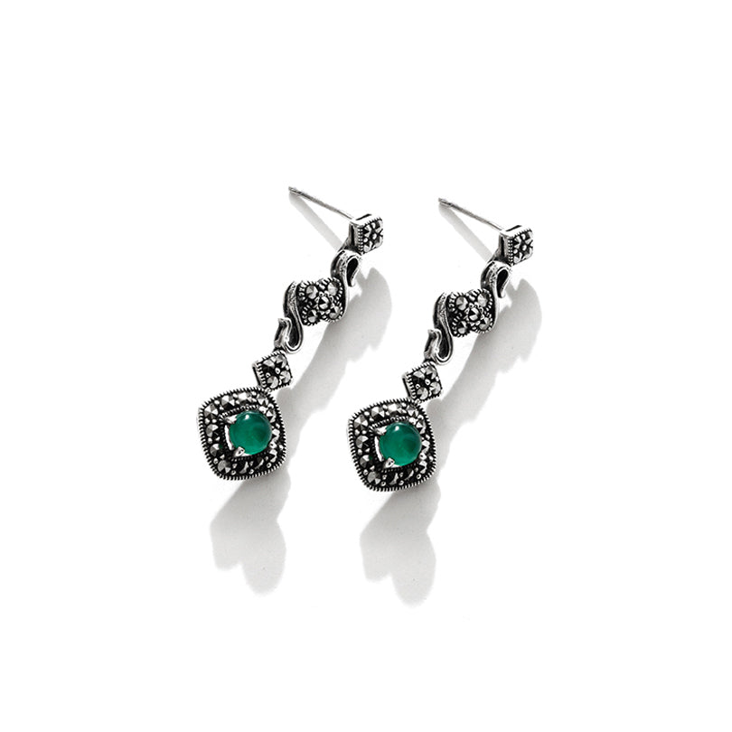 Gorgeous Green Agate marcasite Sterling Silver Earrings