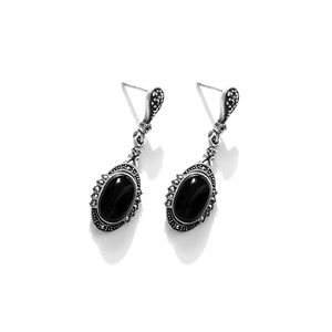 Dramatic Black Onyx Marcasite Sterling Silver Statement Earrings