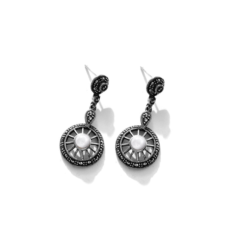 Wheel of Fortune Mother of Pearl and Marcasite Sterling Silver Earrings