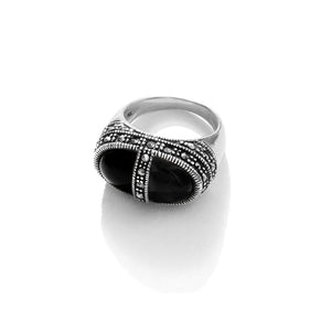 "Sophisticated Lady" Black Onyx Marcasite Sterling Silver Ring