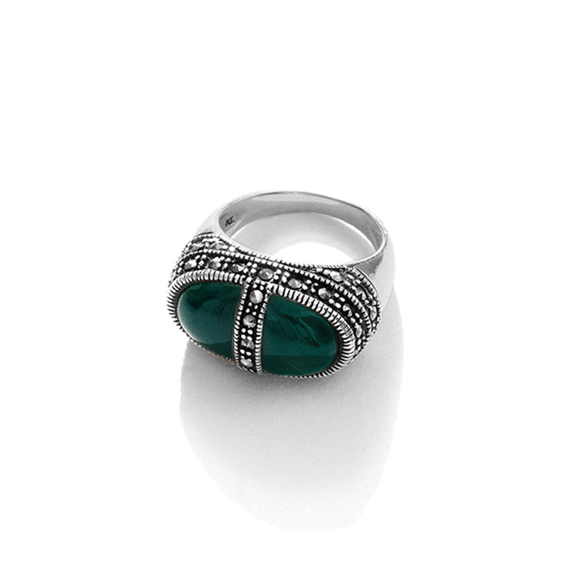 "Sophisticated Lady" Green Onyx Marcasite Sterling Silver Ring