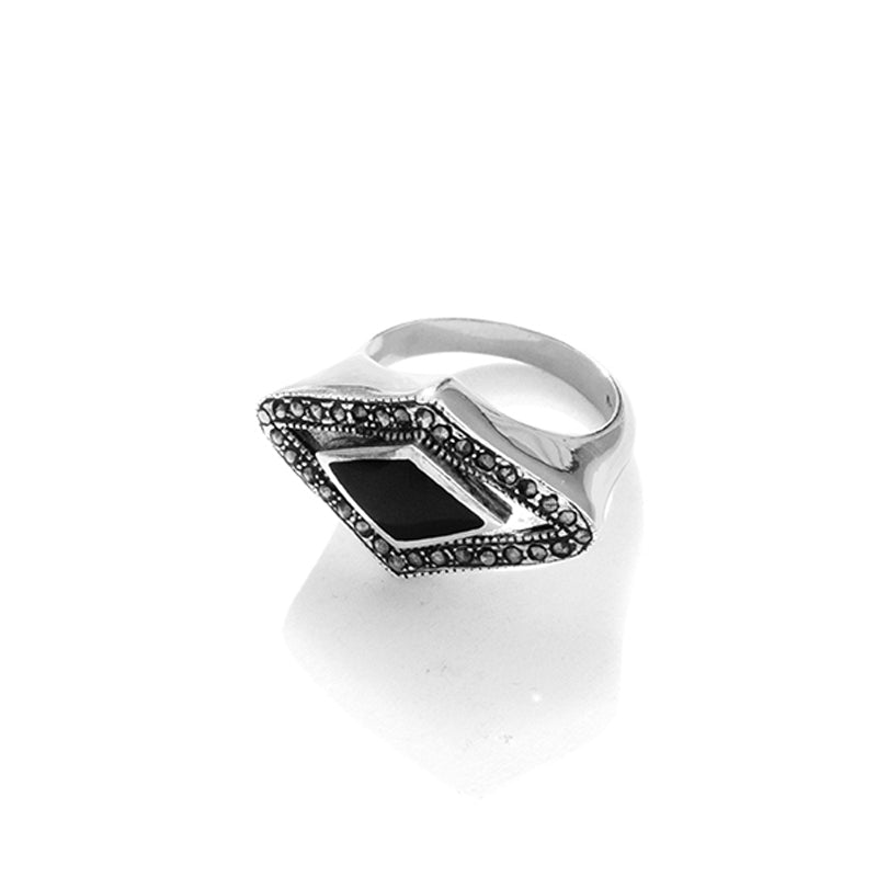 Sleek Black Onyx Marcasite Sterling Silver Statement Ring