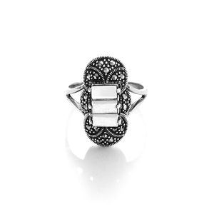 Art Deco Style Mother of Pearl Marcasite Sterling Silver Statement Ring