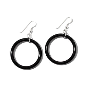 Great Fashionable Shiny Black Onyx Sterling Silver Dangle Hoops