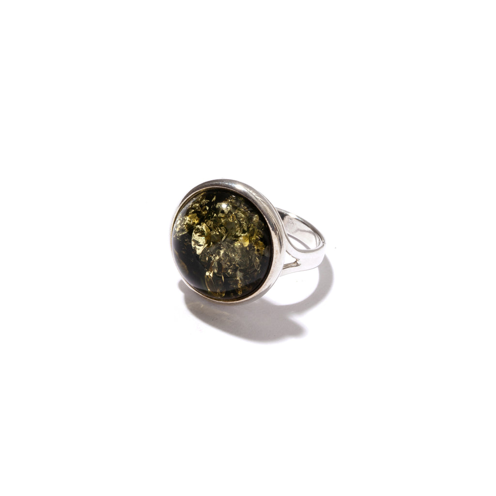 Golden Fossils in Mid-Night Baltic Amber Sterling Silver Ring