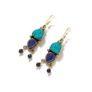 Himalayin Turquoise & Lapis Gold Plated Ceremony Earrings from Nepal