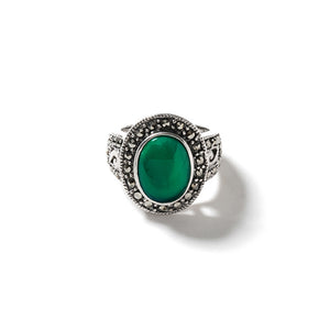 Stunning Green Agate Marcasite Sterling Silver Statement Ring