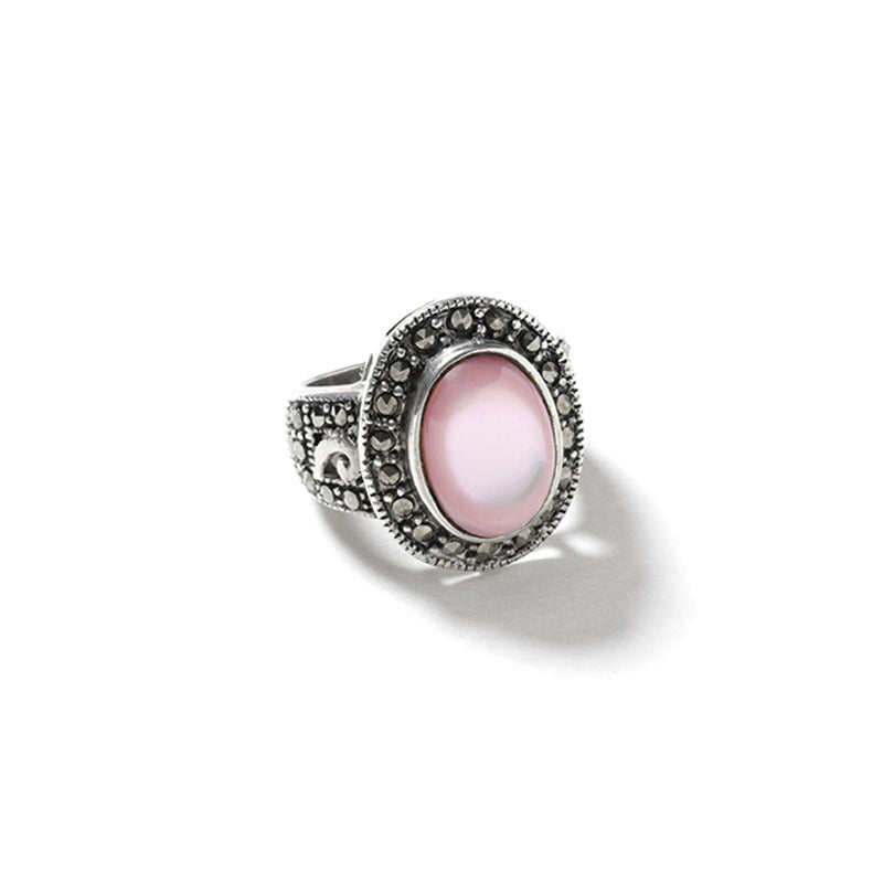 Beautiful Shimmerling Pink Shell Marcasite Sterling Silver Statement Ring