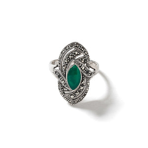 Gorgeous Green Agate Marcaste Sterling Silver Statement Ring