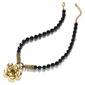 Exquisite Gold Plated Silver Flower Black Onyx Marcasite Statement Flower Necklace