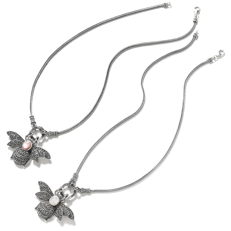 Adorable Mother of Pearl Flying Marcasite Bees Sterling Silver Statement Necklace
