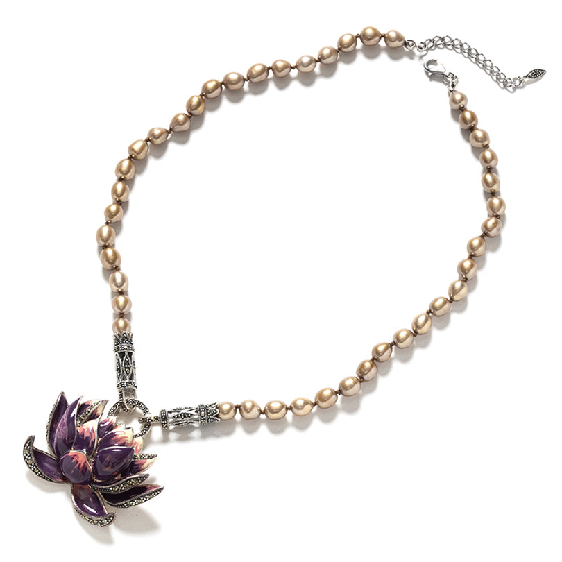 Sophisticated Lily and Pearl Marcasite Sterling Silver Statement Necklace