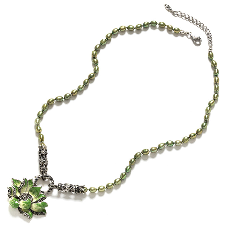 Lovely Green Lily and Pearls Marcasite Sterling Silver Necklace