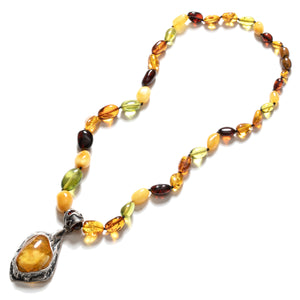 Gorgeous Pendant With Mixed Amber Beaded Sterling Silver Statement Necklace