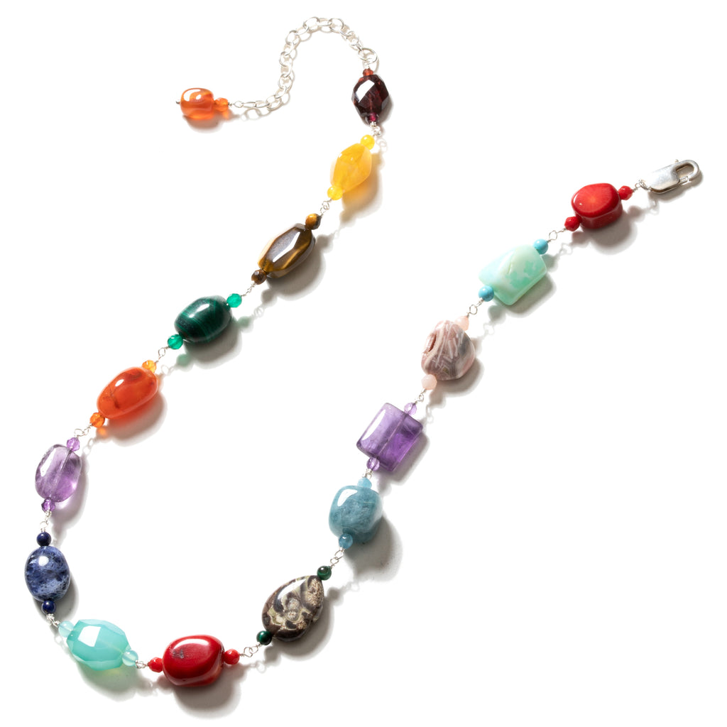 Gorgeous Necklace Mixed Unique Colorful Stones Sterling Silver Statement Necklace
