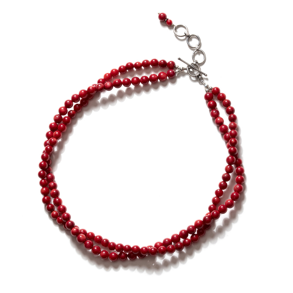 Vibrant Red Coral Double Strand Sterling Silver Necklace