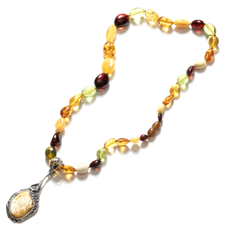 Stunning Mixed Amber Beads with Butterscotch Pendant Sterling Silver Statement Necklace