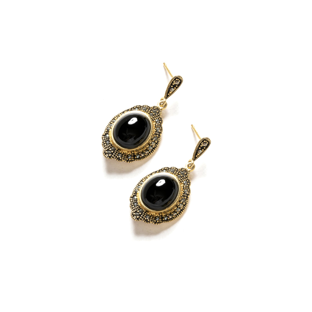 Beautiful Vintage Style Black Marcasite Gold Plated Statement Earrings