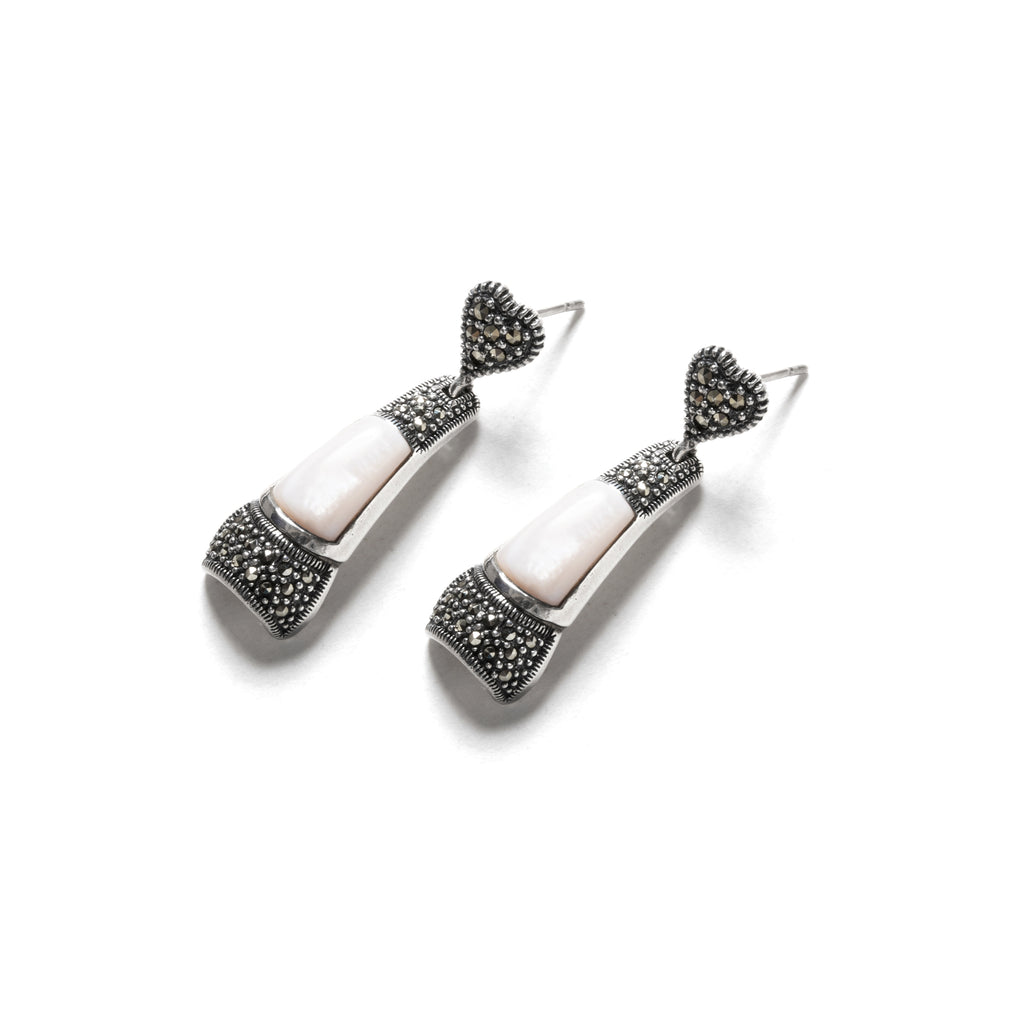 Marcasite Heart Mother of Pearl Sterling Silver Earrings