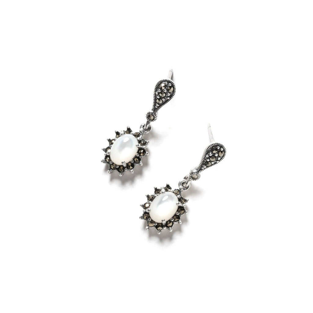 Starburst White Mother of Pearl Marcasite Sterling Silver Earrings