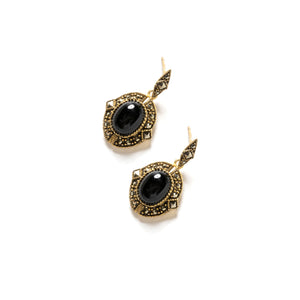 Vintage Style Black Onyx Marcasite Gold Plated Earrings