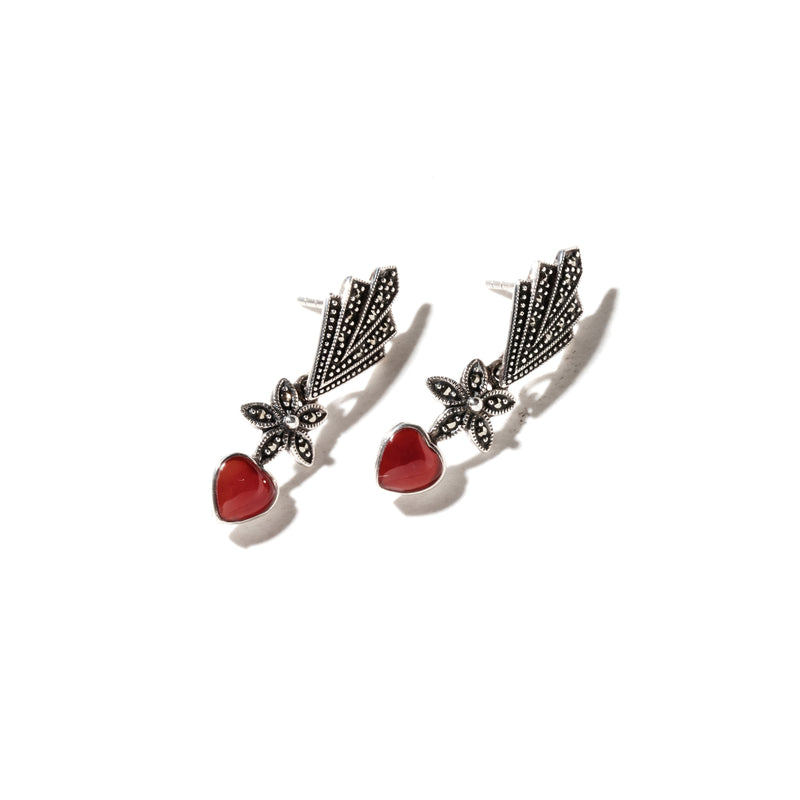 Lovely Petite Carnelian Hearts in Decorative Marcaste Sterling Silver Statement Earrings