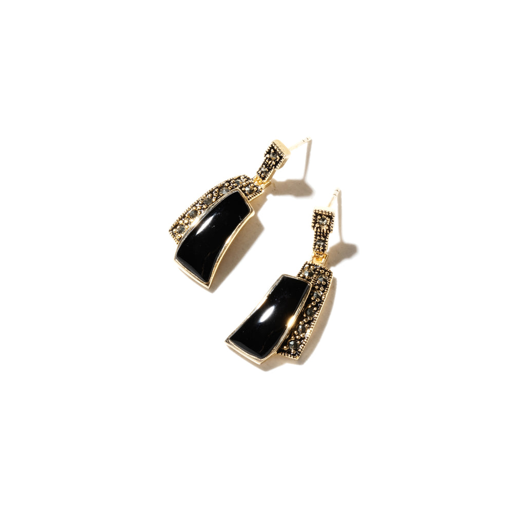 Beautifully Unique Black Onyx and Marcasite 14kt Gold Plated Statement Earrings