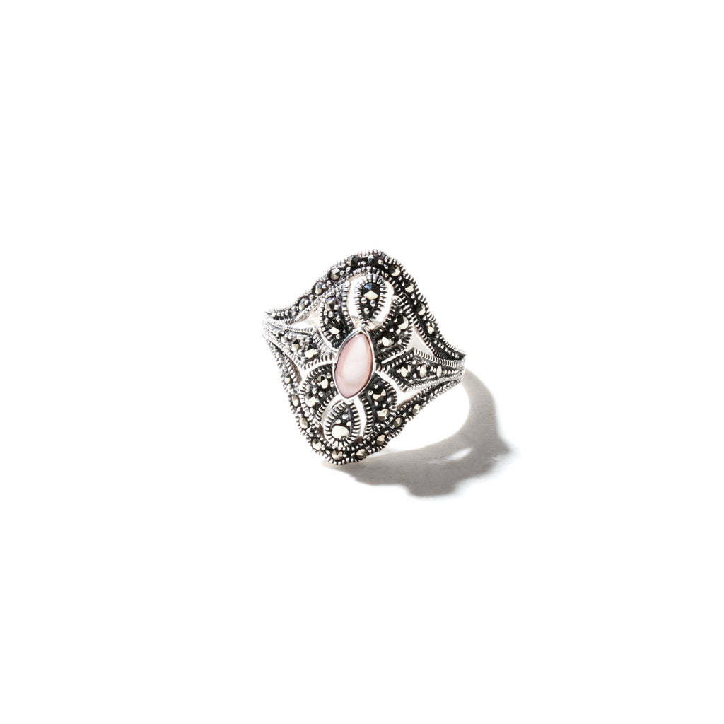 Beautiful Fligree Marcasite Pink Mother of Pearl Silver Ring