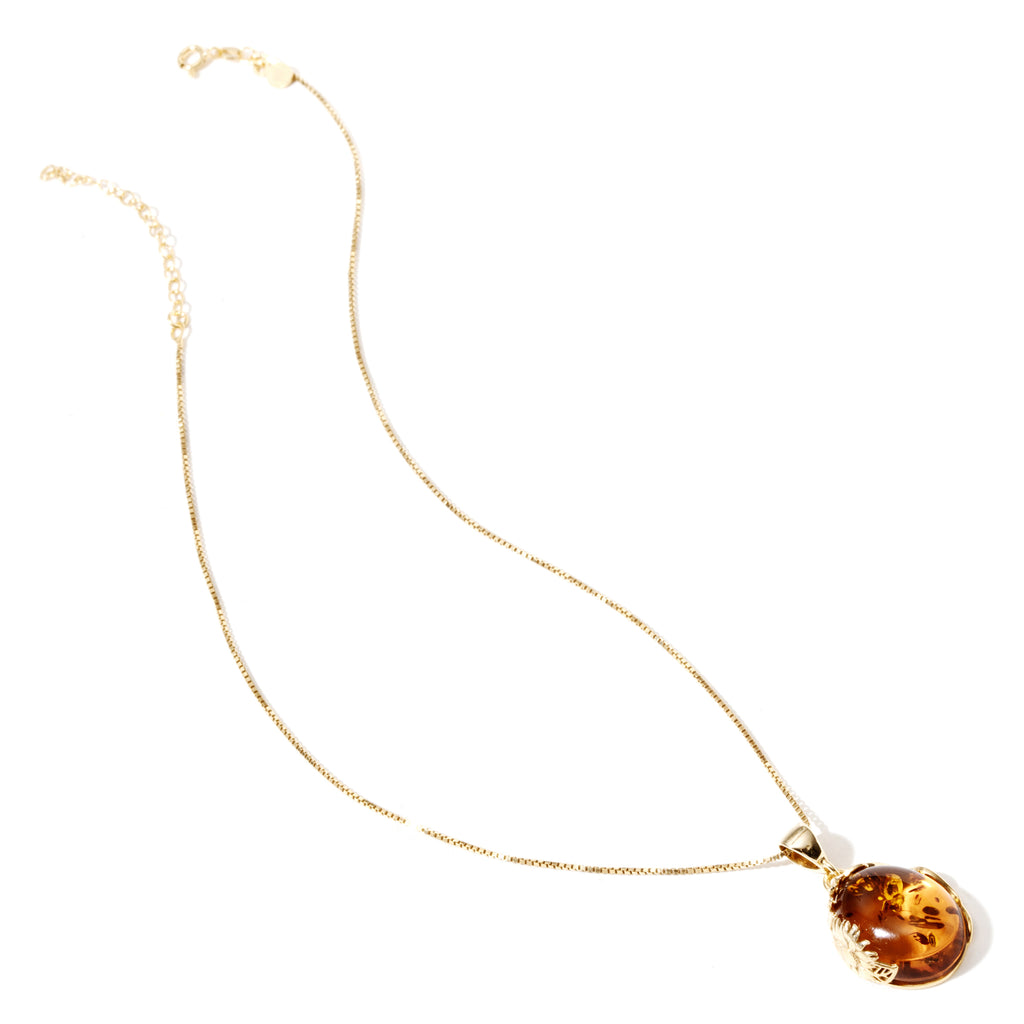 Gorgeous Golden Flower Amber Pendant on Italian 18kt Gold Plated Silver Chain Necklace