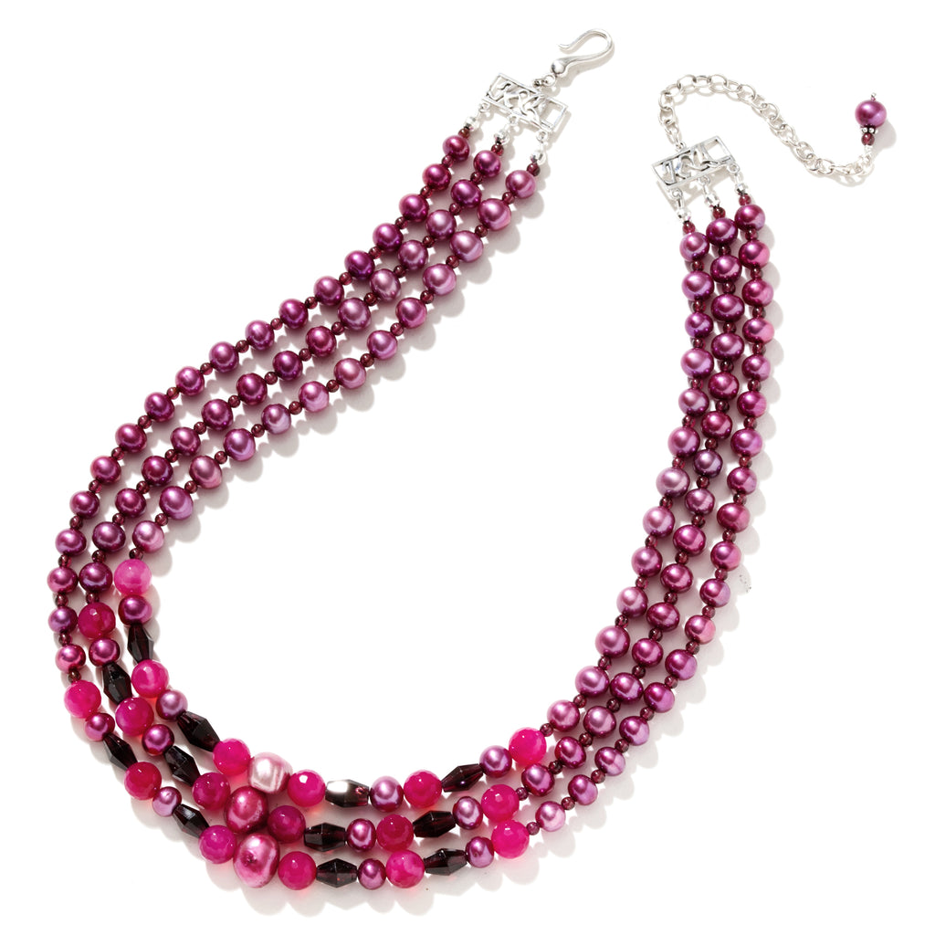 Gorgeous Magnificent Magenta Freshwater Pearl and Garnet 3-Strand Statement Necklace