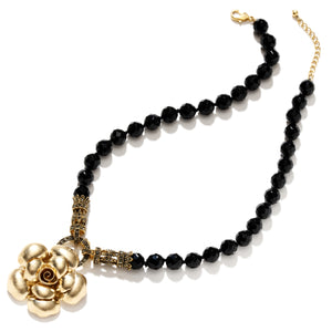 Gorgeous 14kt Gold Plated Silver Rose on Vintage Marcasite Black Onyx Beaded Necklace