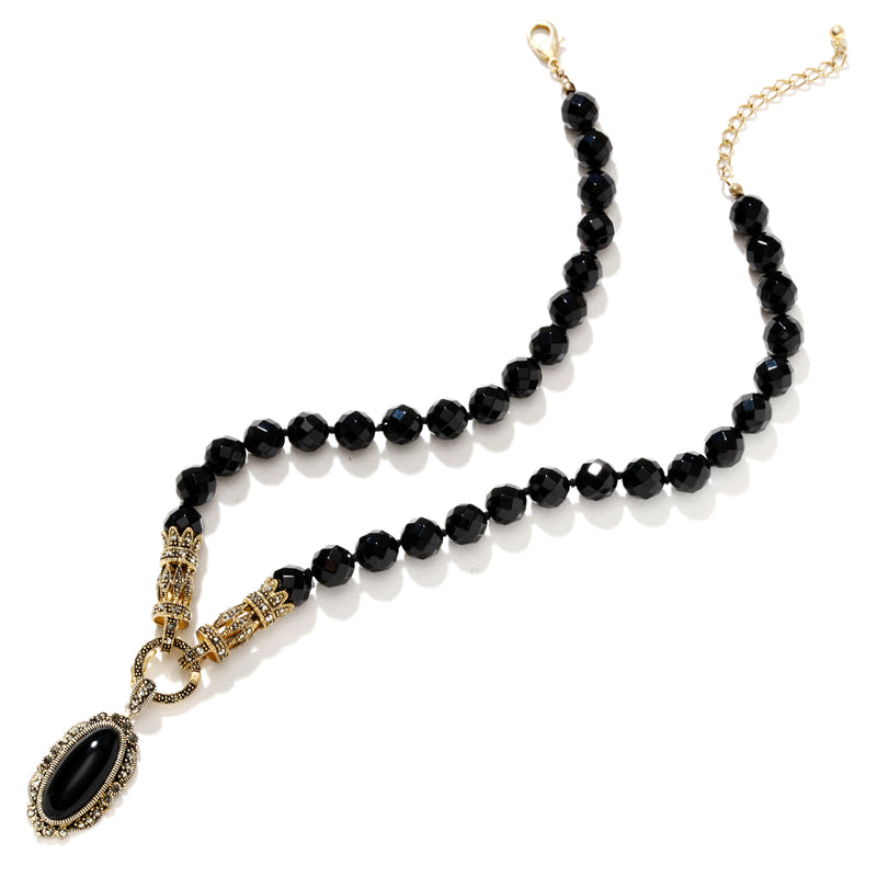 Lovely Black Onyx and Gold Marcasite Vintage Style Statement Necklace