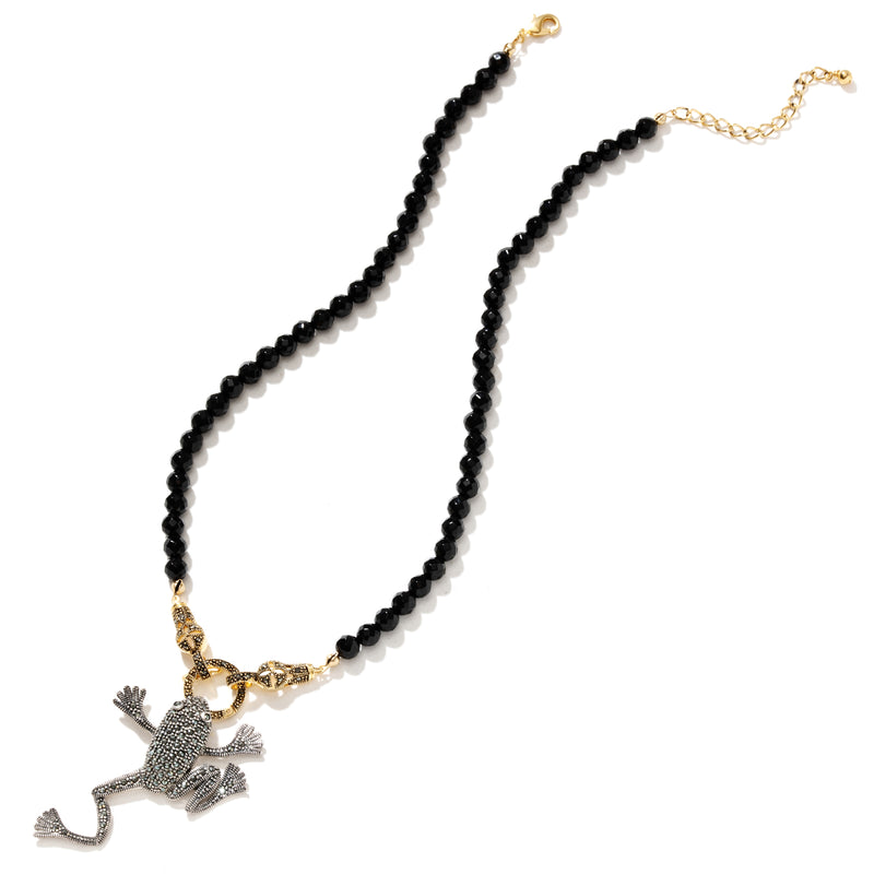 Captivating Two Tone Silver and Gold Marcasite Frog Black Onyx Statement Necklace