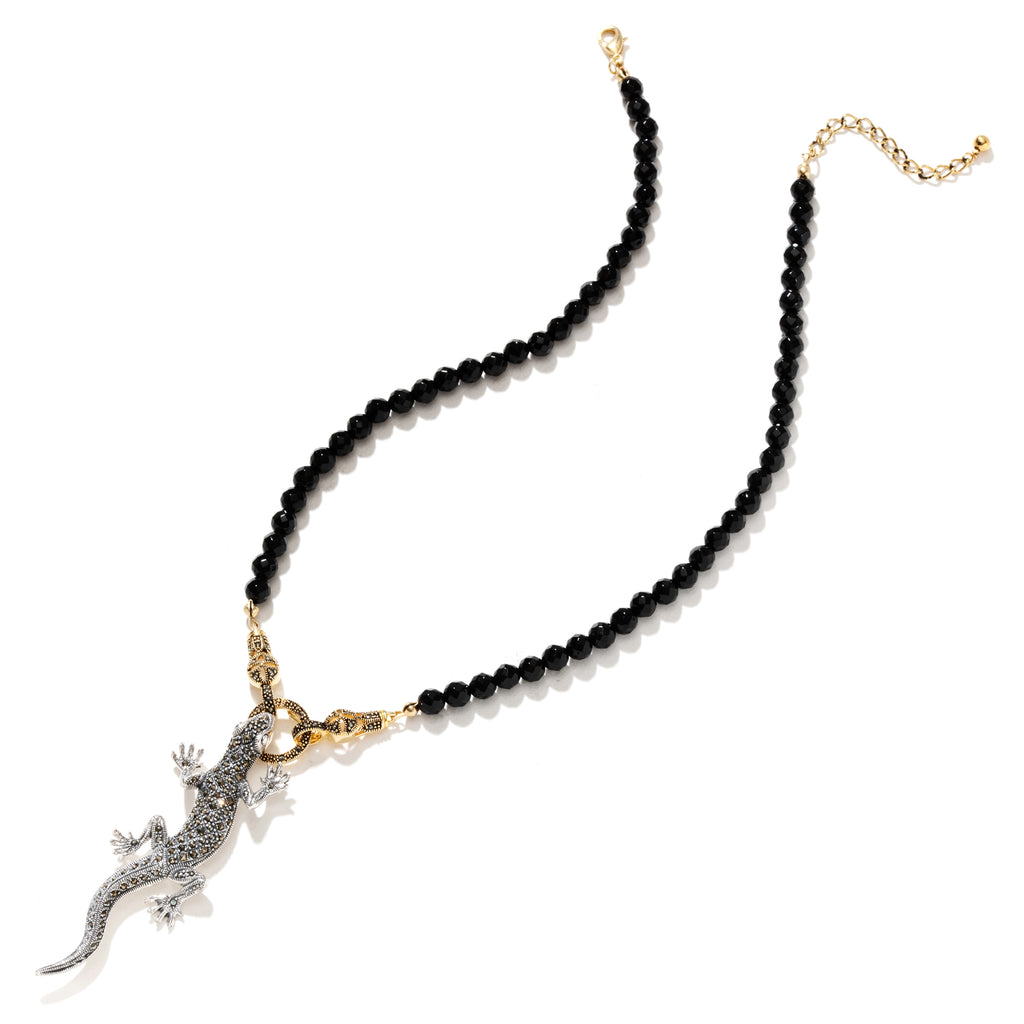 Playful Climbing Lizard Two Tone Silver and Gold Marcasite Black Onyx Statement Necklace